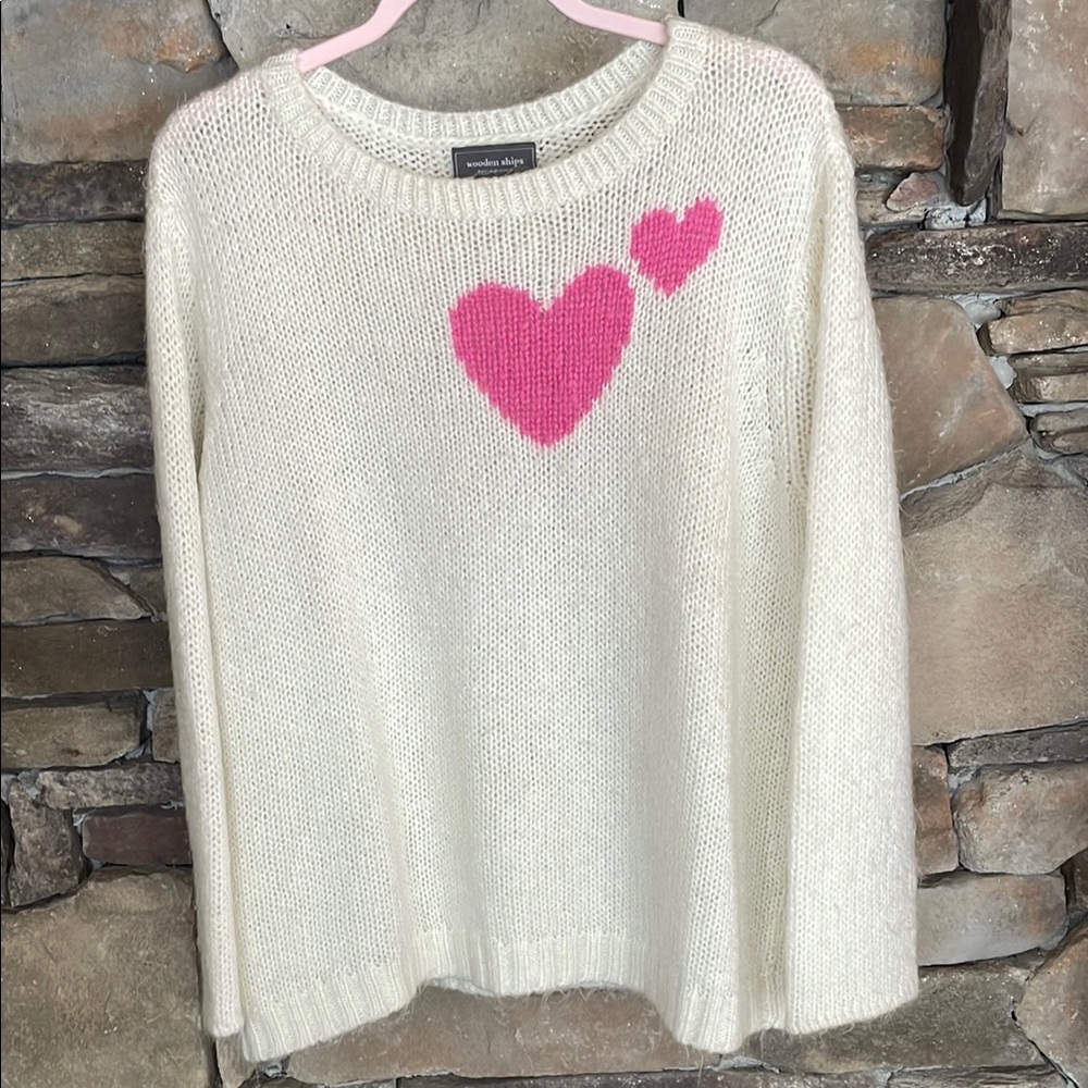 “Wooden Ships” White Sweater with Pink Hearts